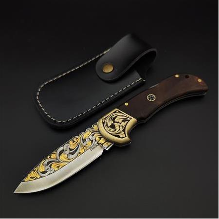 24 ayar gerçek altın işlemeli N690 çelik şimşek model  kamp çakısı