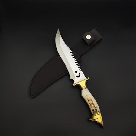 Orijinal geyik boynuzu kabze kurt başlı kamp bıçağı