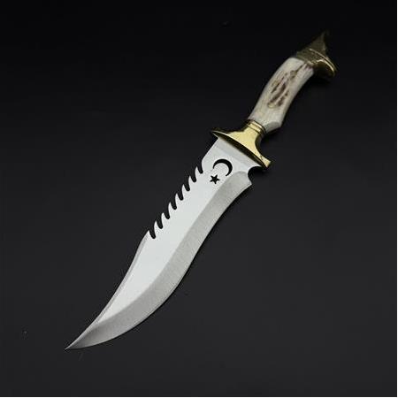 kurt başlı pirinç  balçak orijinal geyik boynuzu kabze 4116 çelik ay yıldız işlemeli komando bıçağı