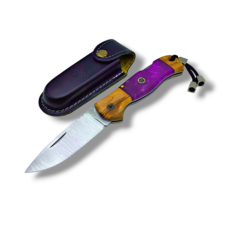 El Yapımı Epoksi Kabze Sırttan Kilitli Bushcraft Kamp Çakısı ( Mor )