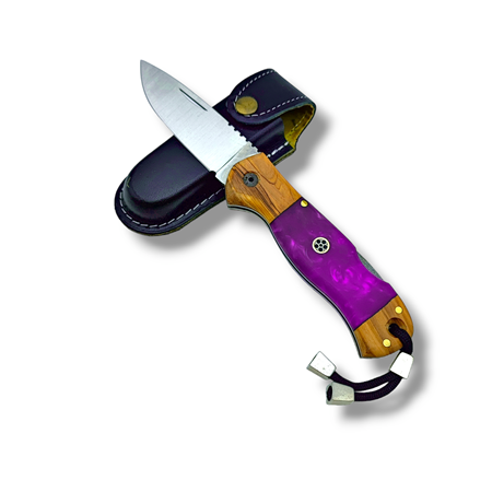 El Yapımı Epoksi Kabze Sırttan Kilitli Bushcraft Kamp Çakısı ( Mor )