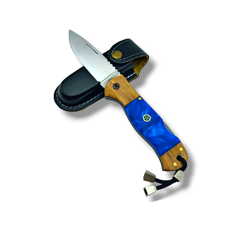 El Yapımı Epoksi Kabze Sırttan Kilitli Bushcraft Kamp Çakısı ( Mavi )