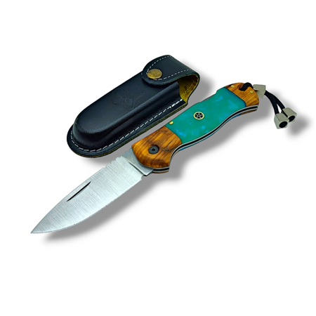 El Yapımı Epoksi Kabze Sırttan Kilitli Bushcraft Kamp Çakısı ( Turkuaz )