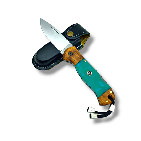 El Yapımı Epoksi Kabze Sırttan Kilitli Bushcraft Kamp Çakısı ( Turkuaz )