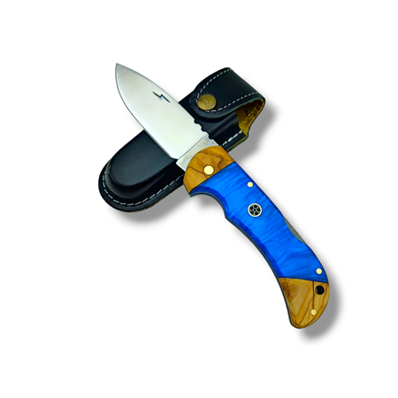 El Yapımı Epoksi Kabze Sırttan Kilitli Bushcraft Kamp Çakısı Stabsman ( Mavi )