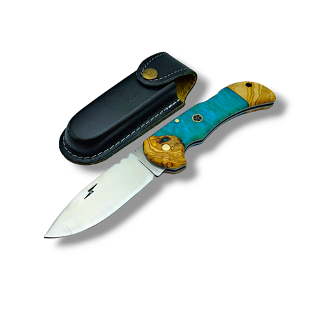 El Yapımı Epoksi Kabze Sırttan Kilitli Bushcraft Kamp Çakısı Stabsman ( Turkuaz )