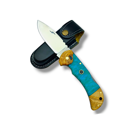 El Yapımı Epoksi Kabze Sırttan Kilitli Bushcraft Kamp Çakısı Stabsman ( Turkuaz )