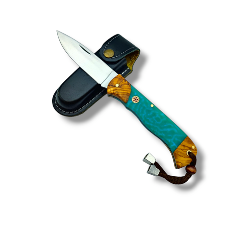 El Yapımı Epoksi Kabze Yaylı Çakı ( Turkuaz )