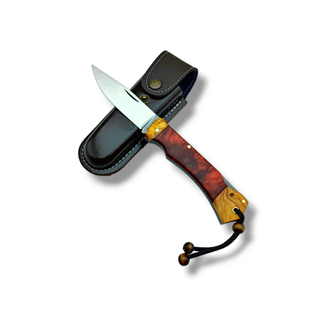 El Yapımı Epoksi Kabze Sırttan Kilitli Bushcraft Kamp Çakısı ( Kırmızı ) Y.Ç